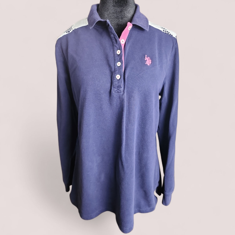 U.S. POLO ASSN. | Navy Women's Polo Shirt Lace Polka Dot Collar Pink Logo | XL